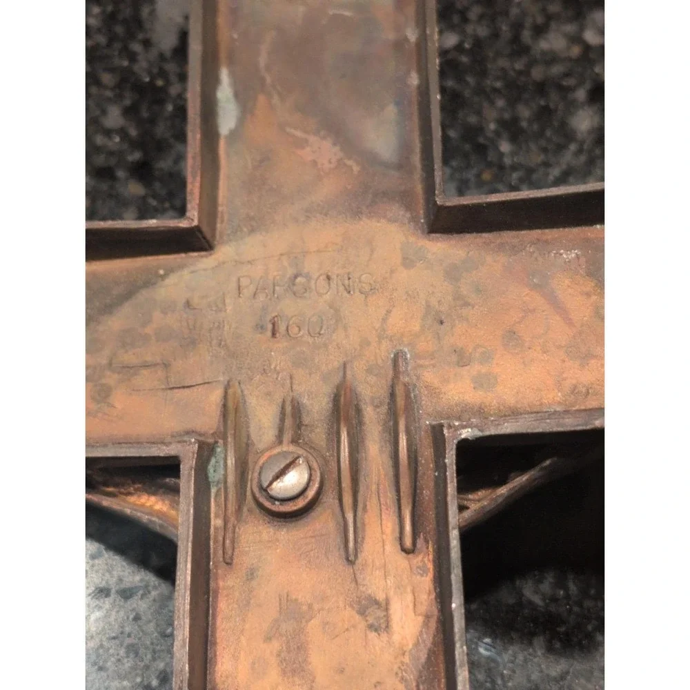 Vintage Parsons Crucifix Casket Topper Copper Color Metal Curved 12
